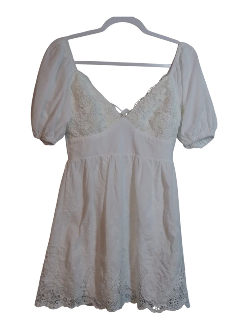 Indikah White Cotton Lace-Trim Short Dress Boho Wedding Bridal Size Small